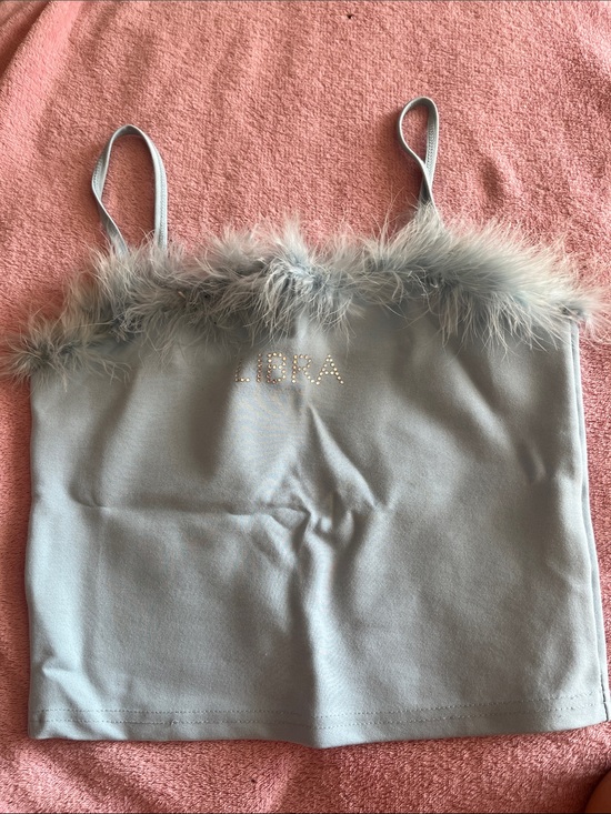 Dolls Kill Tops - Dolls Kill LIBRA Light blue Feather Trim Cropped Cami